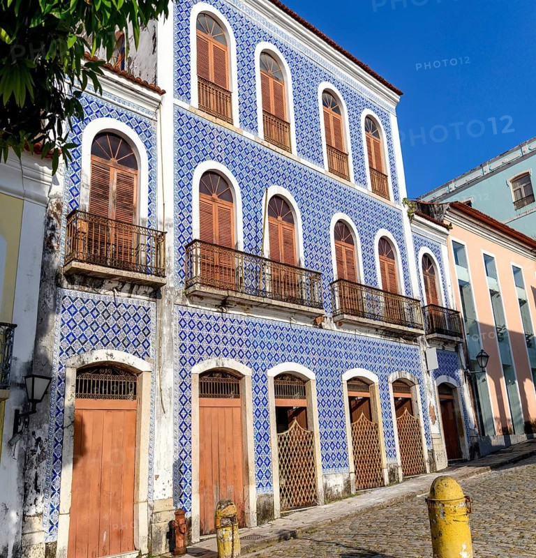 An old mansion with an 18th-century Portuguese tile facade in the city of Sao Luis in Maranhao, Sao Luis, Maranhao, Brazil