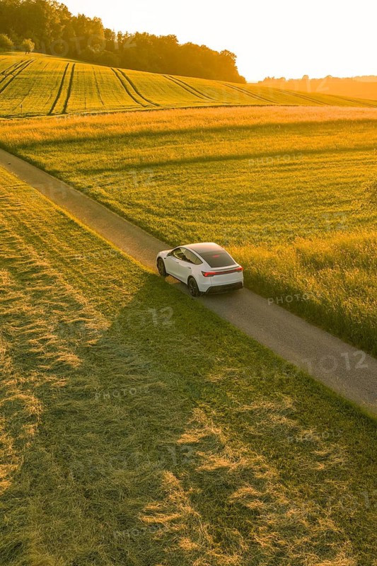 A car drives on a road through golden fields and enjoys dusk, Tesla Model Y, Gechingen, Calw district, Germany