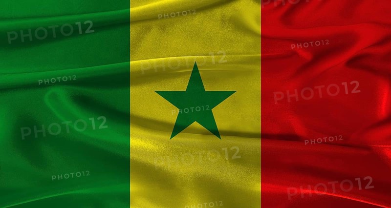 Flag of Senegal with fabric textured background. Close up of National flag of Senegal with realistic texture