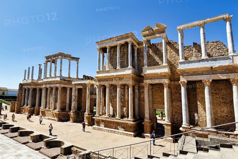 Monumental, two-story stage, Corinthian marble columns, Roman theatre, Teatro Romano, UNESCO World Heritage Site, Emerita Augusta archaeological site, Merida city centre, visitors, Badajoz, Extremadura, Via de la Plata, Spain