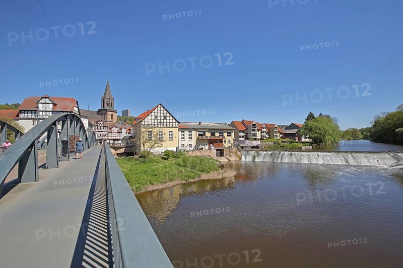 Old Fulda Bridge, Herren-Mühle and Barrage on the Fulda River, Rotenburg an der Fulda, Hesse, Germany