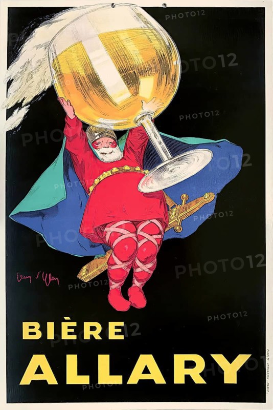 Advertising poster, beverage advertisement, picture promoting the French liqueur Benedictine from Fecamp Abbey. The design shows the characteristic bottle with the D.O.M. seal, which stands for deodorant Optimo Maximo, God, the best and greatest. The brand was commercialized in 1863 by Alexandre Le Grand, based on recipes that date back to 1510, authentic reproduction of a historical advertising poster, advertising sign, in high resolution