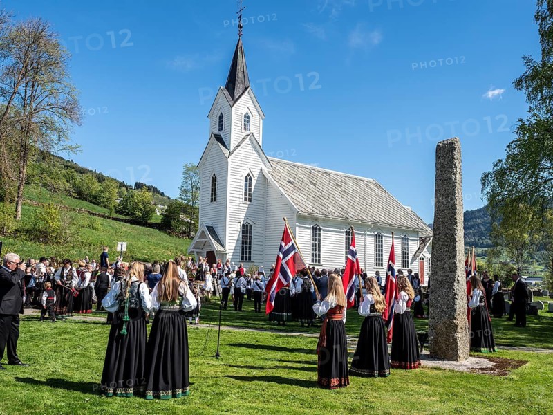 Celebration of the norwegian national day, village Hafslo at lake Hafslovatn, located near the Sognefjord, Norway