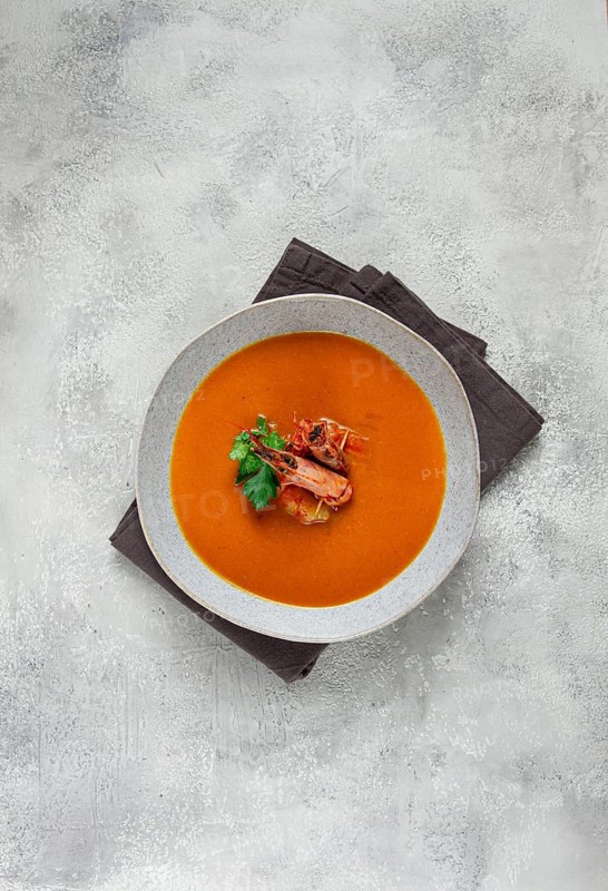 Shrimp cream soup, bisque soup, French cuisine, homemade, no people