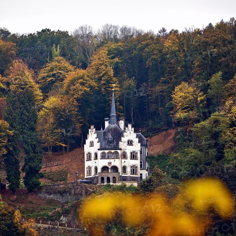 Listed, late historicist villa with stepped gable above the banks of the Rhine in autumn, Remagen, Rhineland-Palatinate, Germany