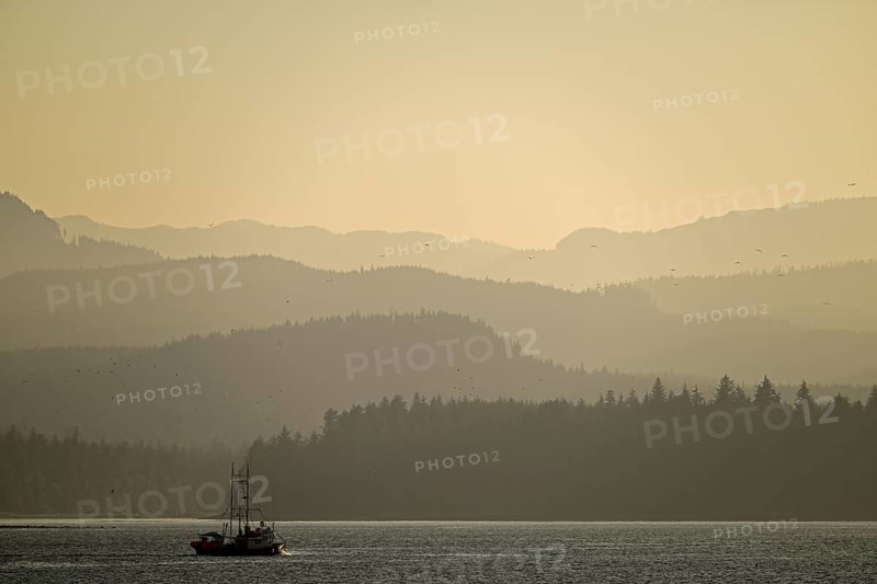 Foggy, romantic sunset mood at the Pacific Ocean with fishing boat in the foreground, Vancouver Island