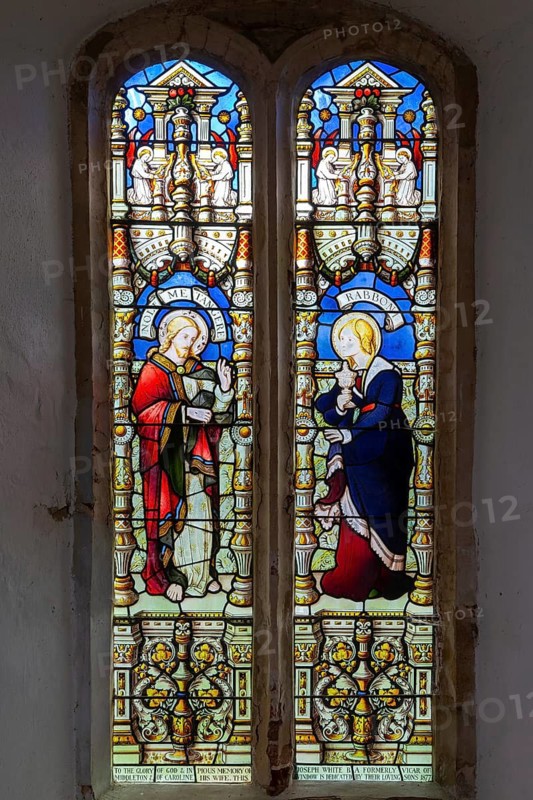 Stained glass window of Jesus Christ and Mary Magdalene by Lavers, Barraud and Westlake c 1877, Middleton church, Suffolk, England, UK