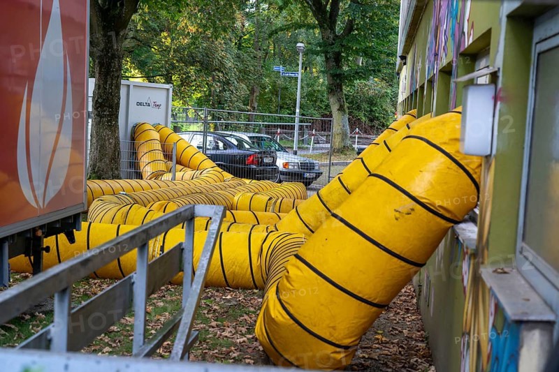 Water damage restoration, dehumidification, after flooding of a building, vacuum drying, indoor swimming pool in Essen-Werden, heavily flooded by the Ruhr flood in July 2021, drying system