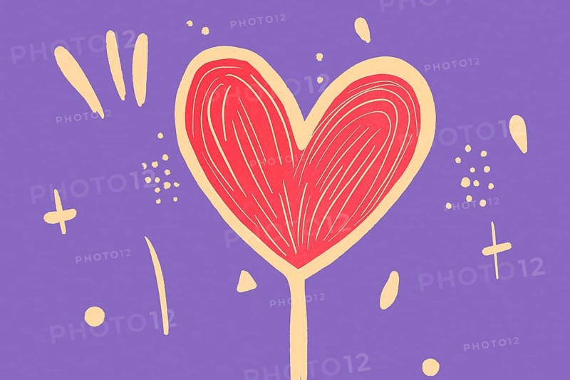 A playful, hand drawn heart in red, outlined in yellow, set against a purple background with energetic accents, symbolizing love and joy in an artistic style
