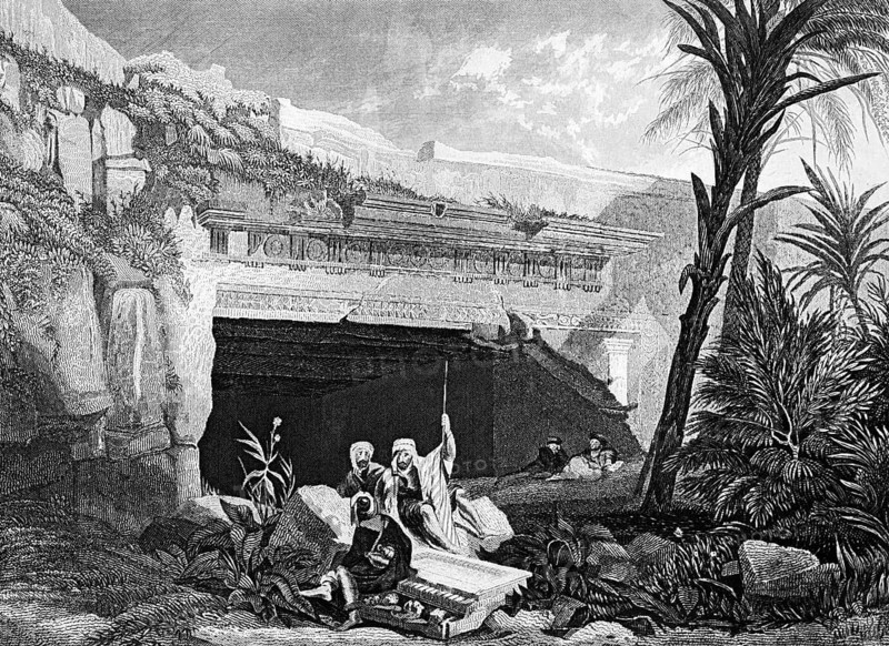 Royal tombs at Golgotha Rock, Jeruslaem, group of people, Old Testament, Bible, historical illustration 1854