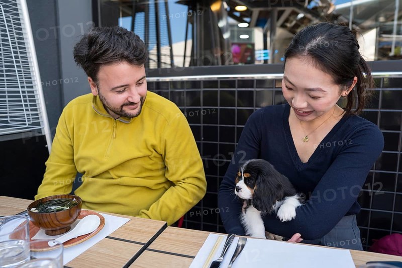Multiethnic group of friends enjoying Asian food at an outdoor restaurant table, with a cute dog present, creating a warm and friendly atmosphere for a memorable dining experience