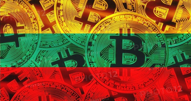 Investors in cryptocurrency and Blockchain Technology in Lithuania, Concept.Golden bitcoin coins on Lithuanian flag background