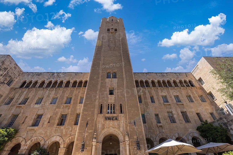 Jerusalem, Israel, 17 April, 2022: Jerusalem International YMCA landmark bell tower and hotel in historic city centre