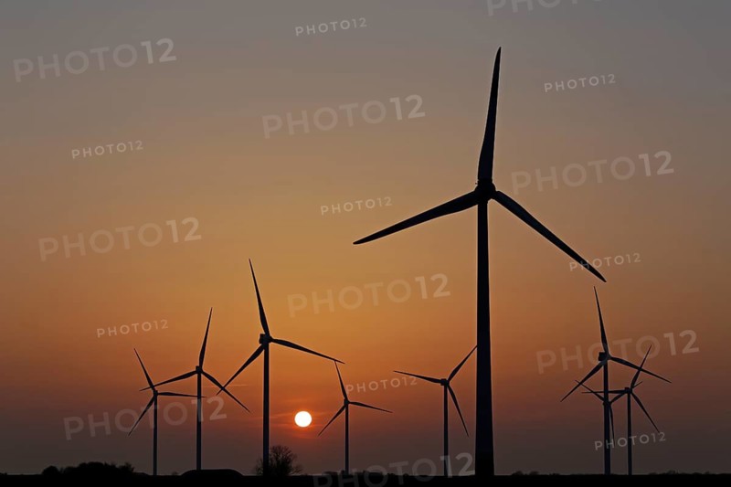 Wind farm, wind power plants, sunset, Reußenköge, North Frisia, Schleswig-Holstein, Germany