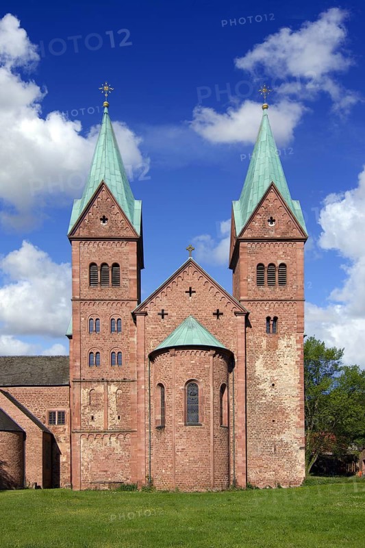 Neustadt, Neustadt Monastery, architecture, building, Mainspessart, Franconia, Bavaria, Main-Spessart, blue sky, cumulus clouds, montage, (M), Federal Republic of Germany