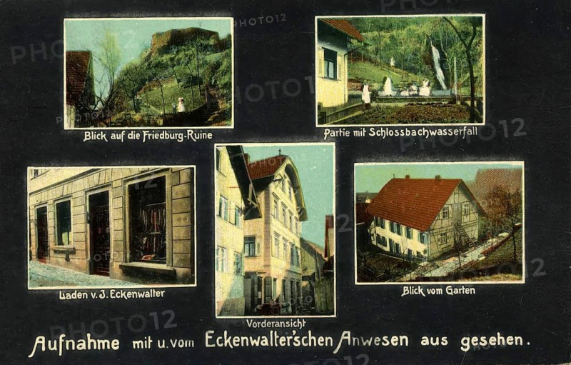 Various views of the Eckenwalter estate and the Friedburg-Ruine and Schlossbach Waterfall, today Austria, authentic reproduction of an old postcard, around 1910, historical, exact date unknown