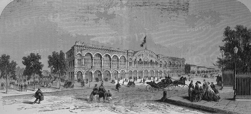 The new central station in Turin in 1869, Italy, Historic, digitally restored reproduction of a 19th century original