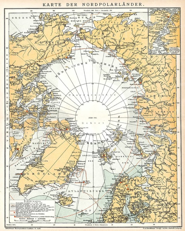 Historical map of the North Pole, 1896, Historische Landkarte mit unerforschten Gebieten, Nordpol, 1896