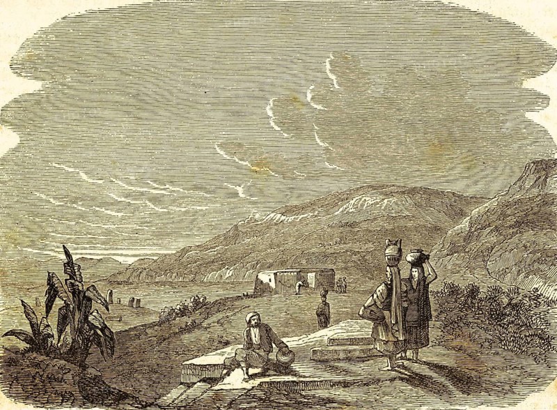 Jacob's well near Nablus, chapter 4, verse 6, Gospel of John, mountain landscape, woman carrying jugs with water on their heads, lake, people, New Testament, Bible, historical illustration 1850