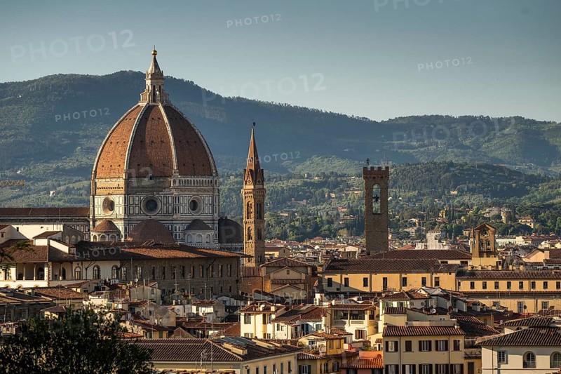 Cathedral dome, tower of Palazzo Vecchio, view over the rooftops, old town, warm evening light, Florence, Tuscany, Italy
