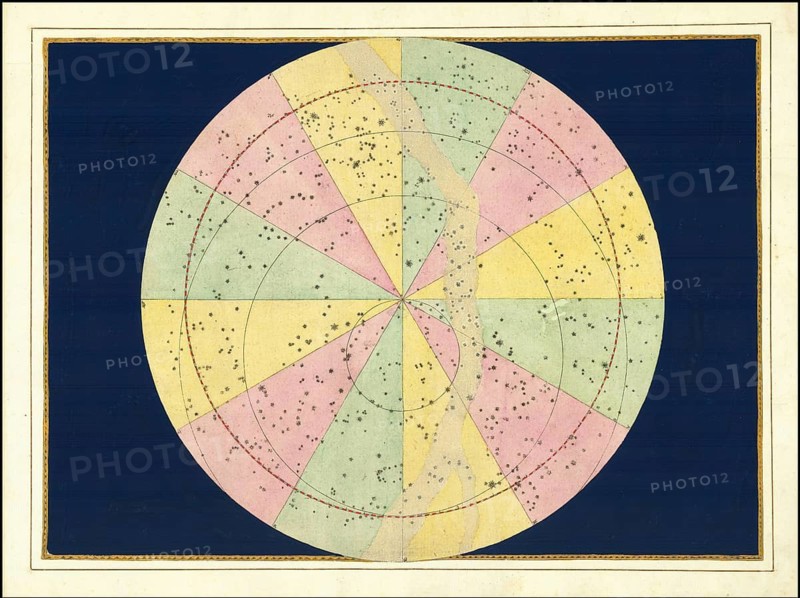 Astronomy. The celestial atlas, the Uranometria, Ptolemaic constellations, by Johann Bayer (1572 - 7 March 1625), German astronomer, Synopsis Coeli Superioris, hemisphere, digitally enhanced reproduction of a historical model