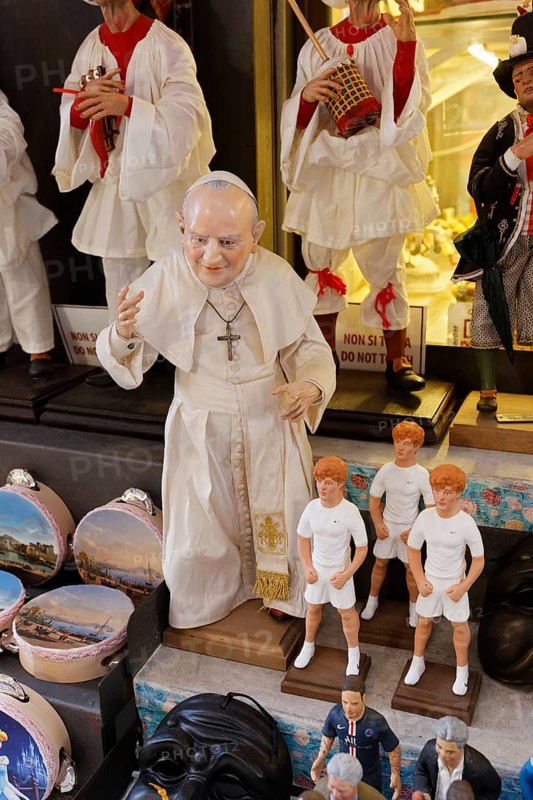 Pope John Paul II and soccer player, figurines for sale, Via San Gregorio Armeno, Spaccanapoli, historic center, Naples, Province of Campania, Italy