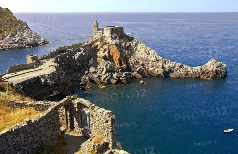 The Chiesa San Pietro in Portovenere, Liguria, northwestern Italy. The church was built in the 8th century in a magnificent panoramic position on a spur jutting into the sea above the ruins of a temple of Venus
