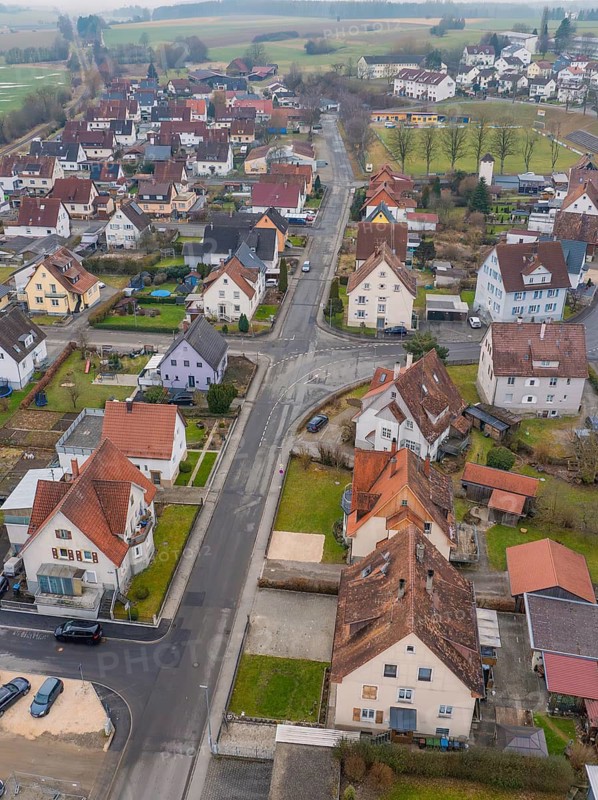 Compact residential area with well-organised rows of houses and gardens in a quiet neighbourhood, Meßkirch, Sigmaringen district, Germany