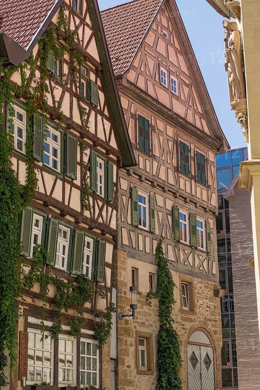 City church, baptismal church of poet Friedrich Schiller, figure of Saint James looking at the half-timbered houses opposite, old town of Marbach am Neckar, medieval architecture, half-timbered architecture, historic buildings, traditional half-timbered houses, timber frame facades, historic city view, façade greening, window shutters, Baden-Württemberg, Germany