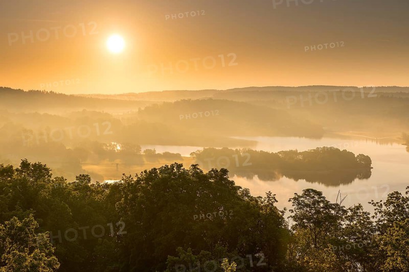 View from Julius-Mosen Tower of Pöhl Reservoir at sunrise with morning fog, Vogtland, Saxony, Germany