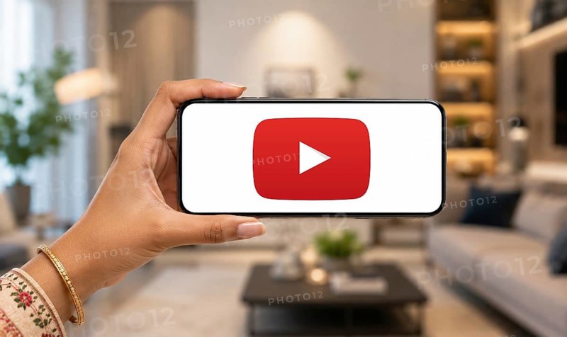 In this photo illustration, a hand holds a smartphone displaying the Youtube Play button against a softly blurred home interior, in India on 18 August 2026