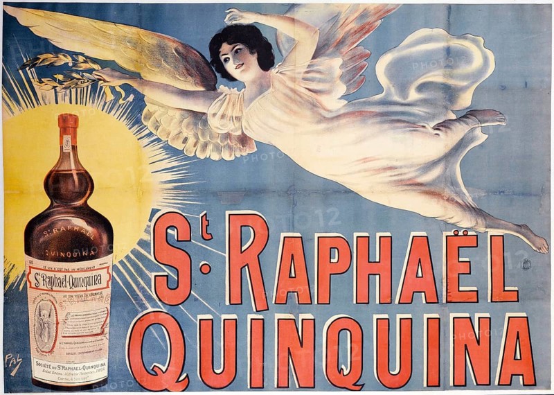 Advertising poster, beverage advertisement, poster for the French aperitif St. Raphaël Quinquina, designed by Jean de Paleologue around 1885. The art nouveau work of art depicts an angel figure flying next to a glowing bottle of the drink. The brand name St. Raphaë is highlighted in large red letters and the product is advertised as wine and not as a medicine, authentic reproduction of a historical advertising poster, advertising sign, in high resolution, historical