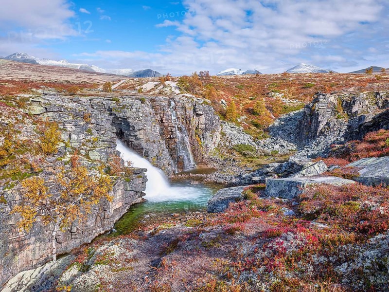 Storulfossen waterfall, Store Ula river, autumn, Rondane National Park, Norway