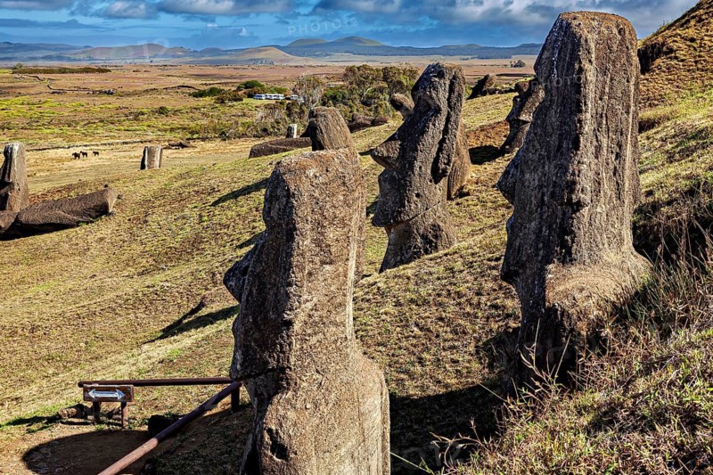 Stone figures stand on a hill with a wide view of the countryside and blue sky, The Moai Statues on Easter Island in the Pacific Ocean