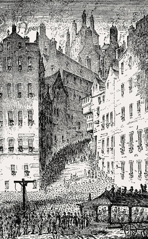 Foot of the West Bow and the gallows, Grassmarket, Edinburgh, Scotland, 19th century