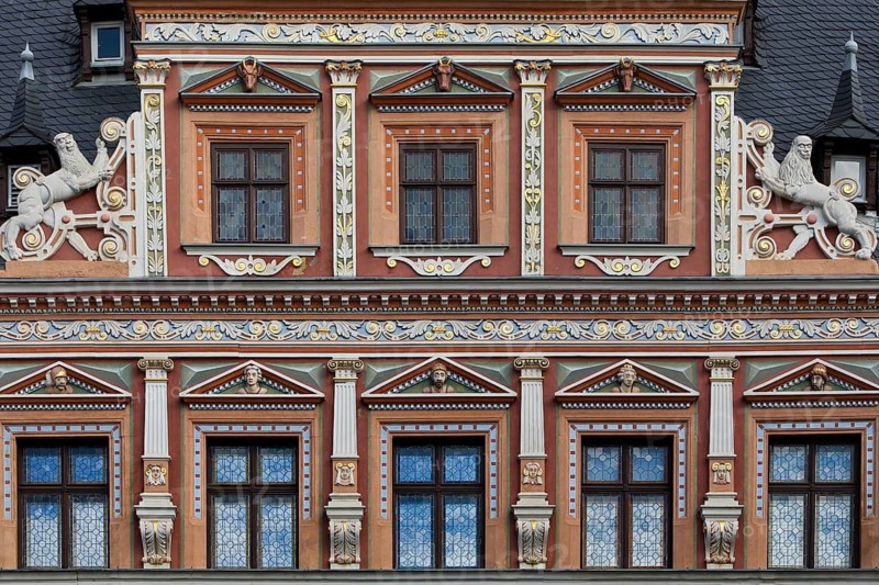 Splendid façade decoration on the Haus zum Breiten Herd, Renaissance building on the fish market, Erfurt, Thuringia, Germany