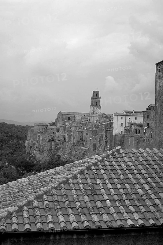 Pitigliano, ancient Etruscan town built on tuff stone, mentioned in 1061, black and white, Tuscany, Italy