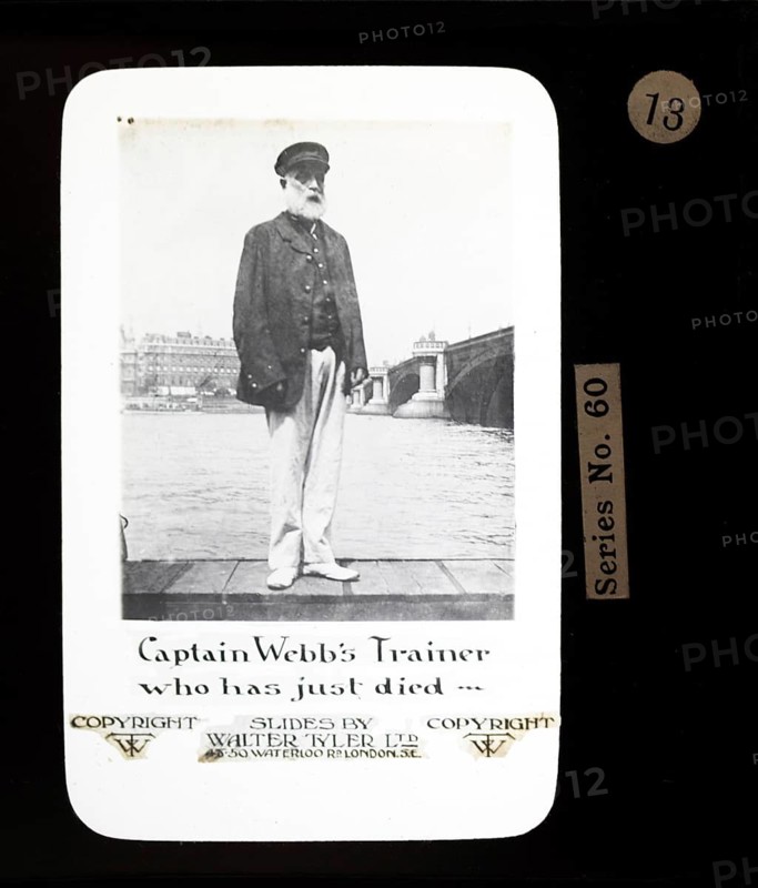 Captain Webb's coach who has just died, Walter Tyler Ltd magic lantern slide c 1910, Marcus Bibbero 1837-1910 'The Human Fish'