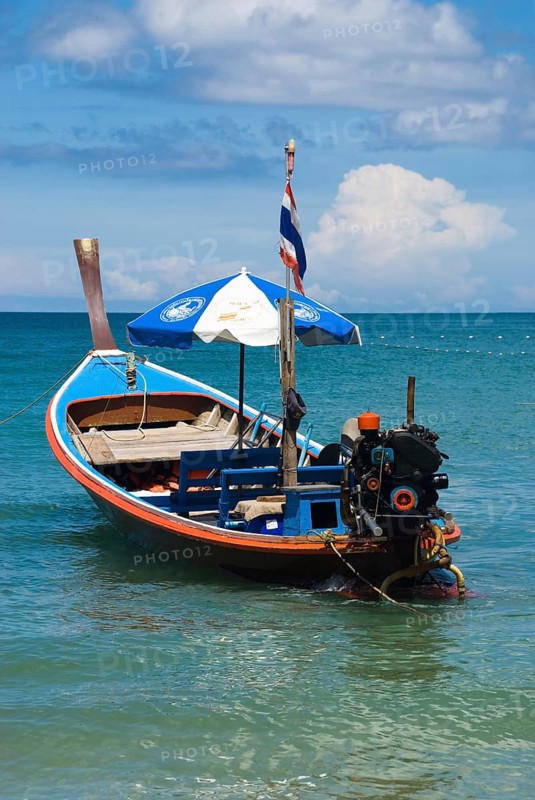 Typical Thai longtail boat on Bang Tao Beach in the northwest of the holiday island Phuket, Thailand, Siam, Asia, Southeast Asia, Phuket, Thai island, holiday paradise, boat, longtail boat, boats