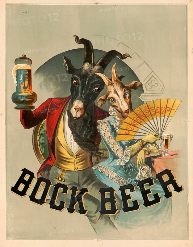 Advertising poster, beverage advertisement, bock beer poster from 1883. It shows two anthropomorphic goats in elegant Victorian clothing enjoying beer. The male goat holds a beer mug while the female goat holds a decorative fan, authentic reproduction of a historical advertising poster, advertising sign, in high resolution
