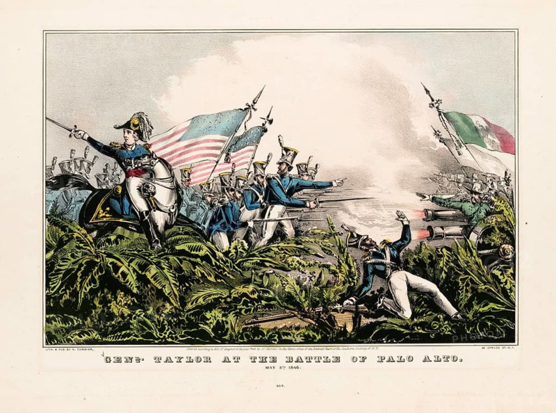 General Zachary Taylor at the Battle of Palo Alto on May 8, 1846, the first major engagement of the Mexican-American War. The battle took place not far from present-day Brownsville in Texas. General Taylor led around 2, 300 US soldiers against around 3, 700 Mexican troops under General Mariano Arista, American history, authentic, digitally restored reproduction in high resolution from a 19th-century original, exact date of depiction unknown, historical