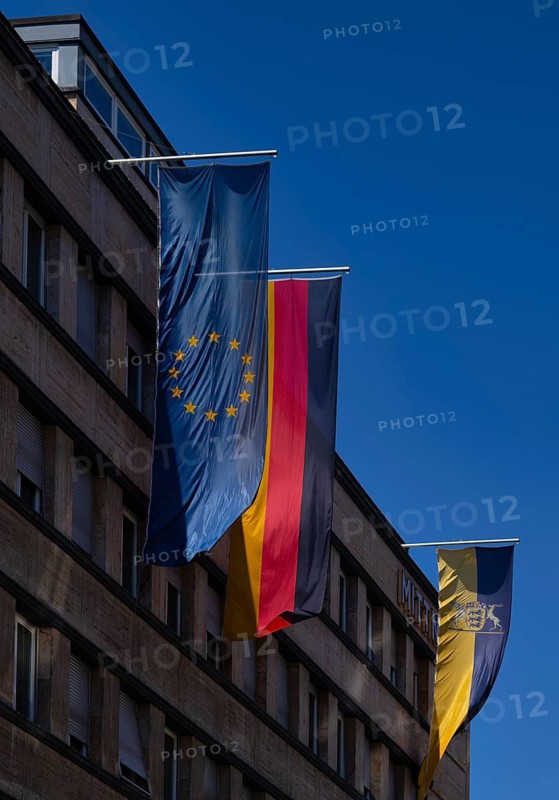 German flag, national flag, European flag, flag of Baden-Württemberg, on building, Stuttgart, Baden-Württemberg, Germany
