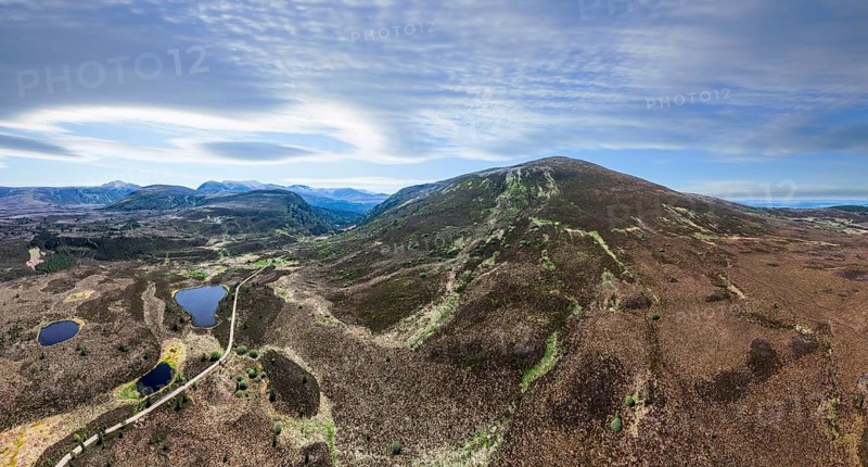 Panoramic aerial photo of the Highland landscape in Lettermore, Fainmore, northern Scotland, UK