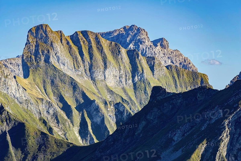 Rugged snail, 2268 m, in a group of thumbs: Sunlight over rocky ridges and alpine mats, a quiet moment high above the Allgäu in the Allgäu Alps, Bavaria, Germany