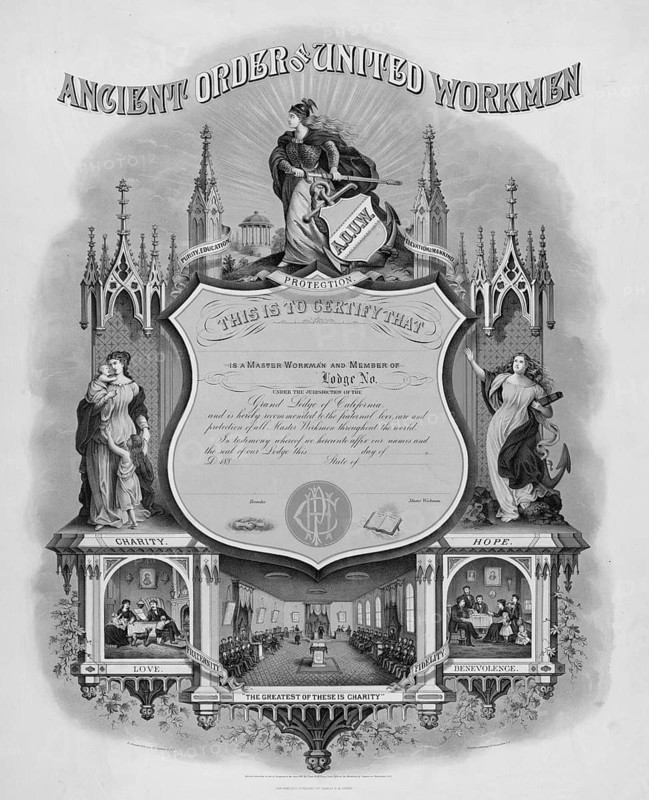 This document is a decorative membership certificate from the US fraternal organisation, the Ancient Order of United Workmen (AOUW), dating from the 19th century, specifically for the California jurisdiction. The AOUW was one of the first major fraternal benefit societies in the USA to offer workers life insurance and mutual support, American history, authentic, digitally restored reproduction of a 19th-century original, exact date of the illustration unknown, historical