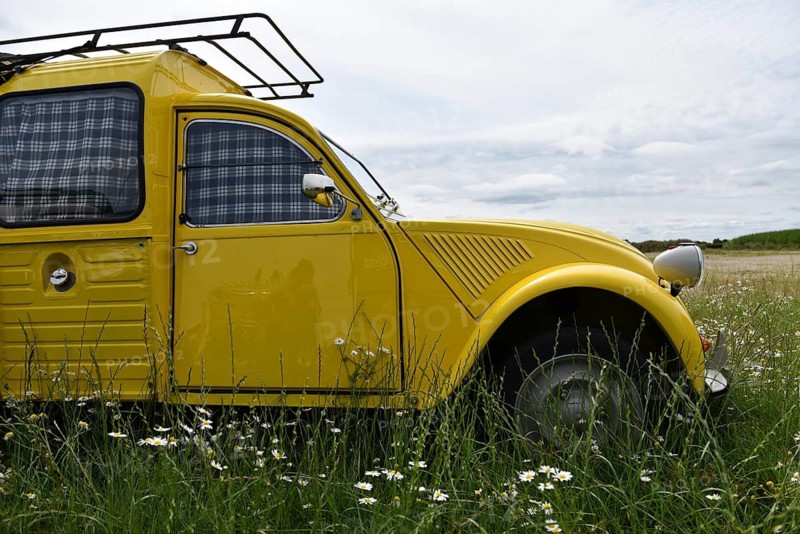Yellow Citroën 2CV with roof rack on a blooming meadow, Citroën 2CV at a duck meeting in Kropp, Schleswig-Holstein, Germany