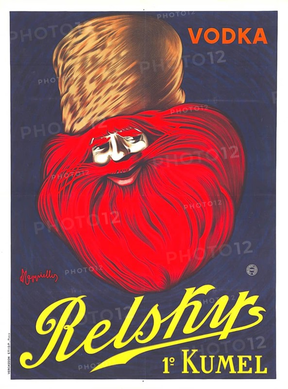 Advertising poster, beverage advertisement, advertising poster shows Relsky Vodka by Leonetto Cappiello from 1911, illustrated by a distinctive figure with a red beard by Leonetto Cappiello. A man wearing a traditional Russian ushanka cap and a huge red beard on a dark blue background content, advertising for vodka and caraway, authentic reproduction of a historical advertising poster, advertising sign, in high resolution, historical