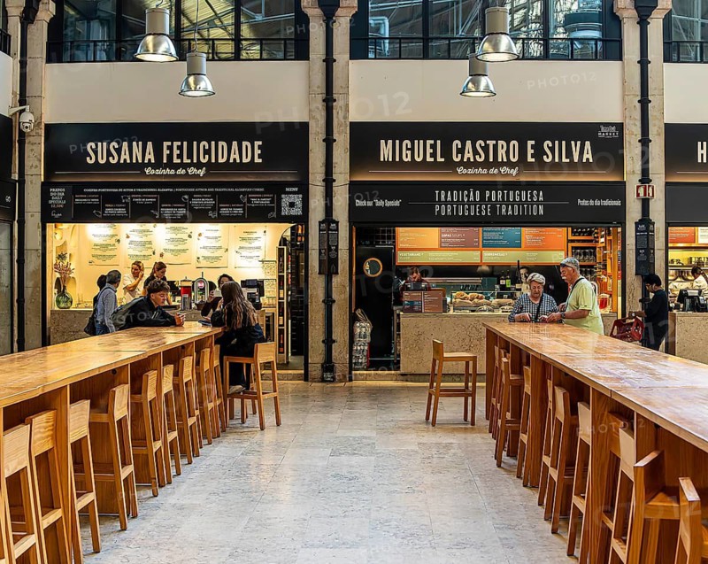 The Mercadeo da Ribeira, also known as TimeOut Market, is the best address for Portuguese specialties and international cuisine. Historic market hall at Cais do Sodré station, Lisbon, Portugal