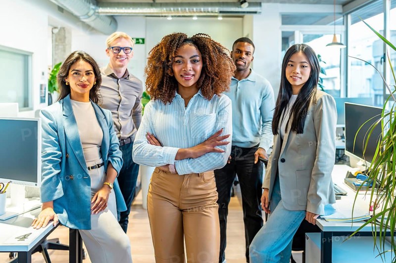 Diverse group of professionals standing together in a bright, modern coworking space, exuding teamwork and success