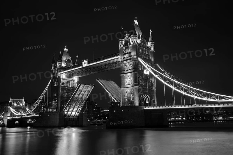 Illuminated Tower Bridge in London at night, black and white, London, England, Great Britain